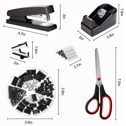 Office Supplies,Desk Accessories,with Stapler,Tape Dispenser,Staple Remover,Scissor,Ballpoint Pen,Sticky Notes,Clear Tape,Staples,Desk Organizer,Phone Stand,Binder,Index Tabs,Best gift set(Black)