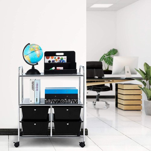 Hysache Rolling Storage Cart, Utility Organizer Cart w/ 4 Drawer 2 Shelves Trolley, Metal Frame, Plastic Storage Drawers on Wheels for School Office Home, Multifunction Organizer (Black)