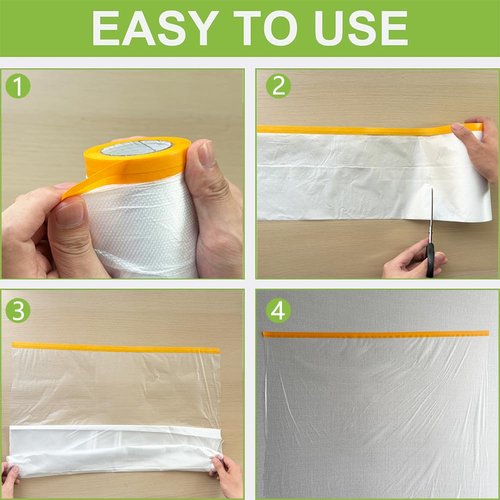 Pre-Taped Masking Film-70inx65ft Tape and Drape Painters Plastic Rolls, Plastic Painting Film for Automotive Painting Covering,Protective Drop Film for Furniture, Car, Floor (6rolls, 70in×65ft)