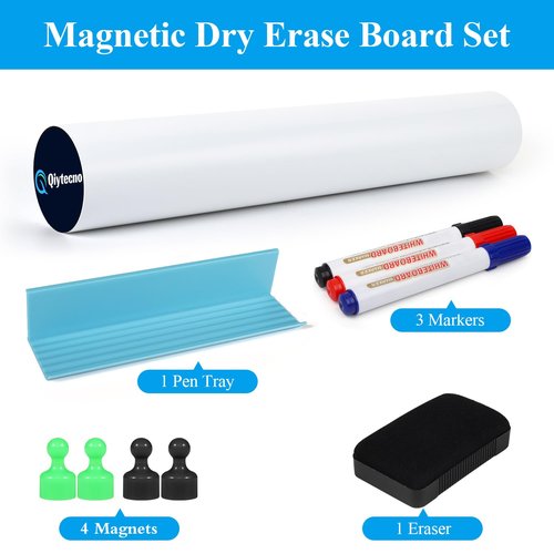 Qiytecno White Board Sticker Adhesive Backing, 16" x 24" Magnetic Dry Erase Board Contact Paper Stick on Wall, Whiteboard Sheet for Teacher Kids Classroom, Include Markers, Eraser with Magnet