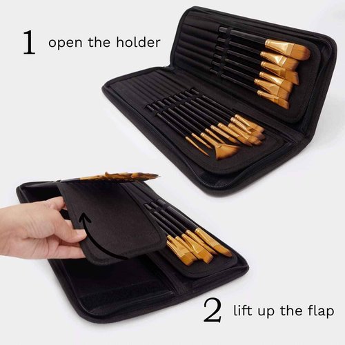MyArtscape Paint Brushes - 15 Pc Brush Set for Watercolor, Acrylic, Oil & Face Painting | Long Handle Artist Paintbrushes with Travel Holder (Black) with Gifting Box | Premium Art Supplies