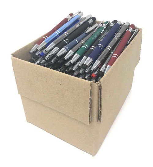 5 lb. Box of Assorted Misprint Metal Retractable Ball Point – Bulk Misprinted Pens, Stylus Tip, Comfort Grips, Wholesale Office Home School Black Blue Ink – Approximately 120 Pens per Box