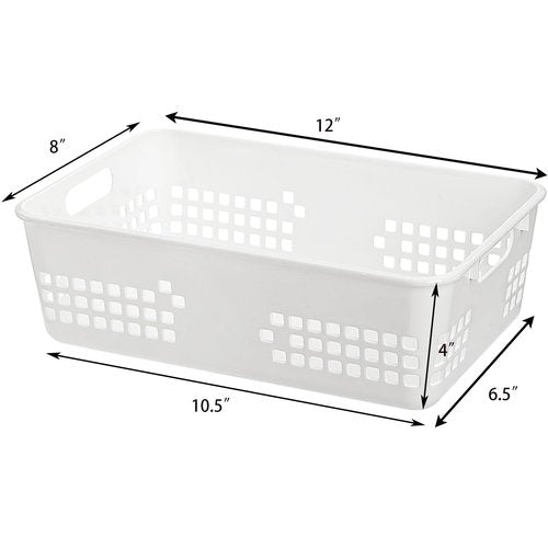 Jucoan 6 Pack White Plastic Storage Baskets, 12 X 8 X 4 Inch Large Plastic Storage Organizer Tray Bin with Handles for Classroom, Drawer, Closet, Bathroom Kitchen