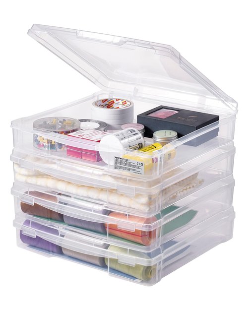 VEVOR Scrapbook Paper Storage, 4 Pack Stackable Plastic Board Game Boxes, Clear Multi-Purpose Document Case with Rounded Corners and Double Latches, for Office Essentials Tools Arts Crafts Supplies