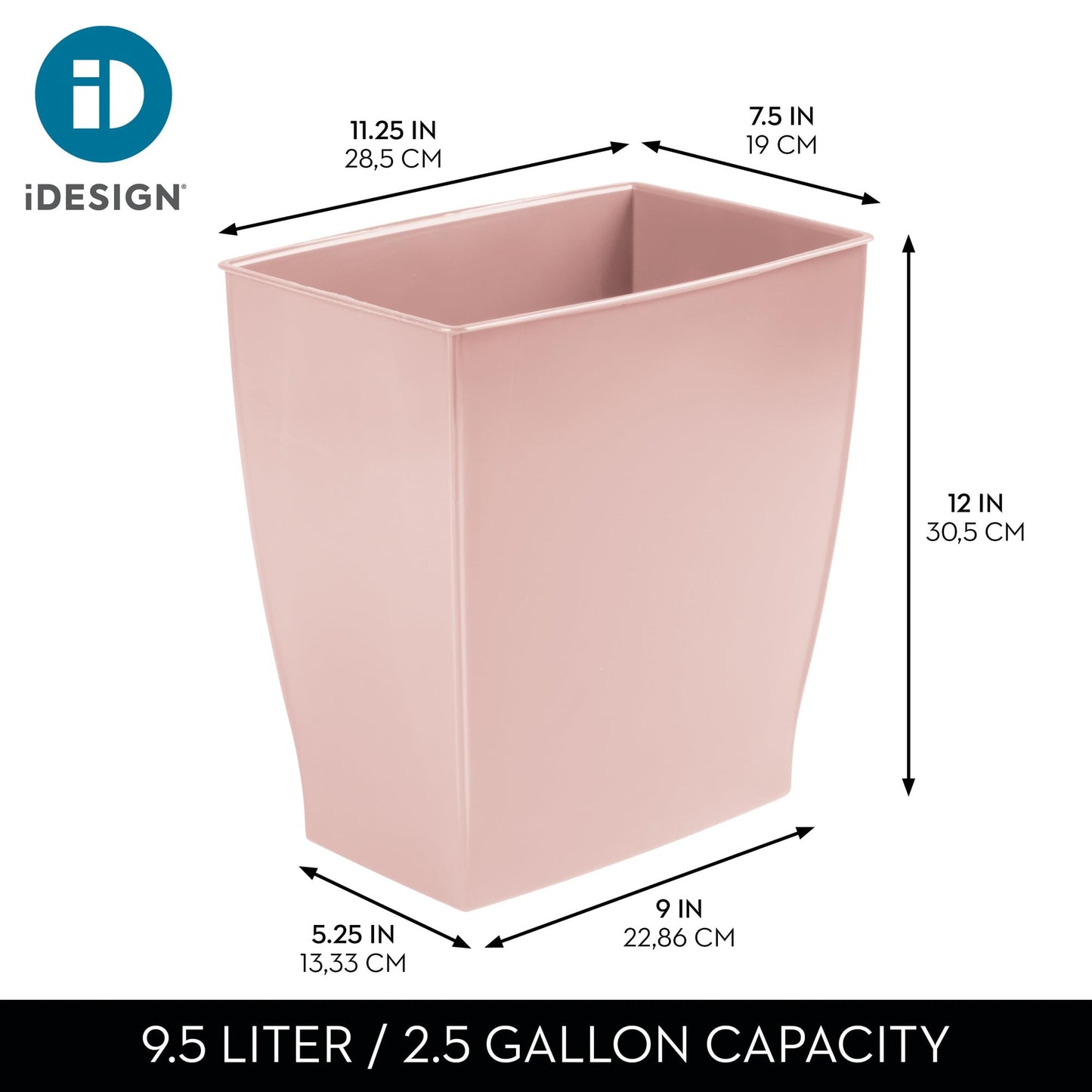 iDesign Small Plastic Bathroom Trash Can, Slim Rectangle Garbage Bin for Bedroom, Office, Dorm, Pink