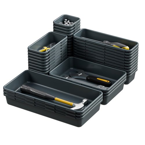 BYCY 38PCS Interlocking Desk Drawer Organizer Tray Divider Set, Plastic Black Desk Organizer Separator, Office Drawer Dividers Storage Bins for Office Bathroom Kitchen (38pcs 5Size)
