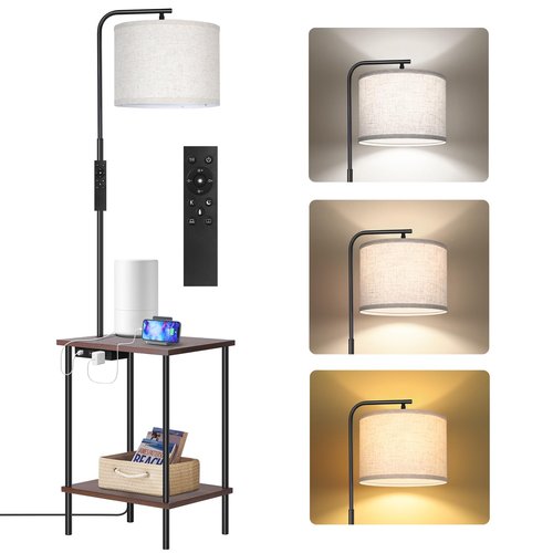 OUTON Floor Lamp with Table, End Table with Lamp Attached for Bedroom, Type C Charging Port, AC Outlet, Side Table with Lamp for Living Room, Nightstand with Remote Control, Dimmer & 4 Color