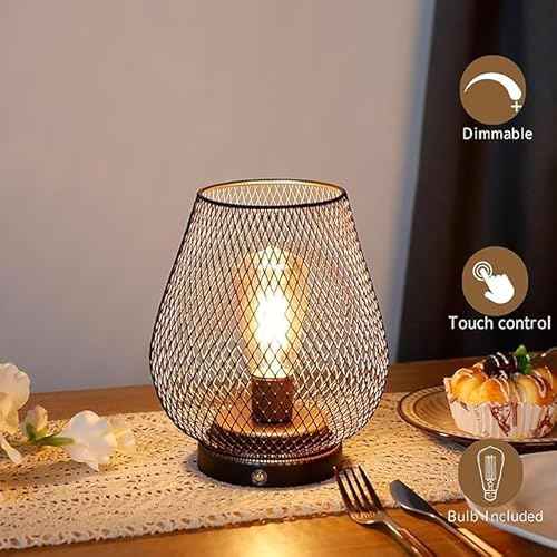 JHY DESIGN Dimmable Touch Bedside Table Lamp Set of 2 Rechargeable Battery Powered Lamp with LED Bulb Cordless Accent Lamp for Weddings Parties Patio Events Indoors Outdoors(Metal Base, Bronze Egg)
