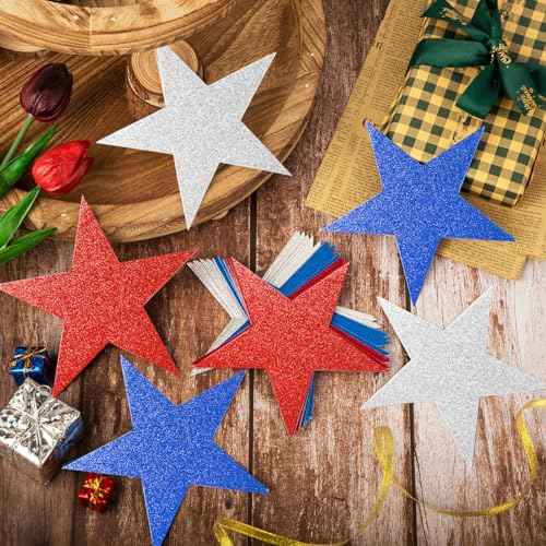 60 Pcs Patriotic Star Cutouts Double Printed Paper Star Confetti Cutouts for 4th of July Decoration Bulletin Board Classroom Wall Decoration,6 Inches (Red, Blue, Silver)