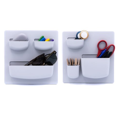 Modern Grey Wall Desk Organizer - 2 Parts, 6 Organizer Pockets, and Adhesive Holder Shelves for Easy Storage of Small Things at Home or Office. Wall Organizer Easy to Install in Ligth Grey to Decor