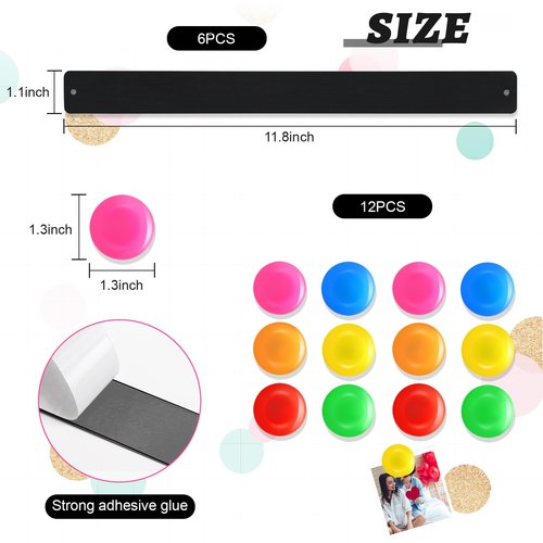 Wovnet 18 Pcs Magnet Bulletin Board Strips 11.81 x 1.1 Inches Frameless Stainless Iron Board Strip with Colorful Magnet Self Adhesive Memo Strip for for Office Home Wall Photo (Black)