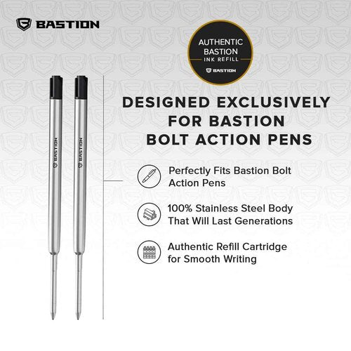BASTION Bolt Action Pen | Carbon Fiber and Stainless Steel | Extra Black Ink Cartridge Fine Point (0.5mm) For Women and Men Gift Ballpoint Pen Combo 2 Standard Ink Refill