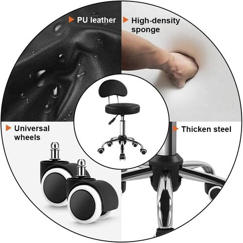 KKTONER Rolling Stool - Height Adjustable PU Leather Swivel Chair with Wheels | Black Mid Back Design