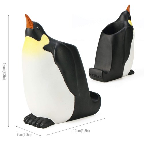 Penguin Pen Pencil Holder with Phone Stand, Resin Penguin Shaped Pen Container Cell Phone Stand Carving Brush Scissor Holder Desk Organizer Decoration for Office Desk Home Decorative