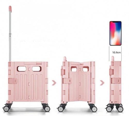 Foldable Rolling Utility Cart with Lid and Telescoping Handle,Collapsible Plastic Storage Crate with 360° Swivel Wheels,Portable Shopping Trolley for Groceries,Travel,Officeand Household Use (Pink)