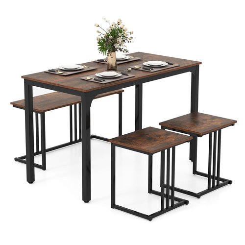 Giantex 4-Piece Dining Table Set for 4, Modern Kitchen Table and Chairs, Nesting Furniture Set with Bench & 2 Stools, Space-Saving Desk Set, Dinette Set for Small Place, Dining Room Restaurant (Brown)