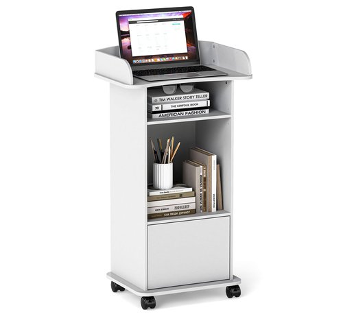 Podium Stand Portable,Mobile Pulpit Podium with Lockable Wheels,Wooden Hostess Stand Reception Desk with Adjustable Shelf and Storage Cabinet for Churches Conference School