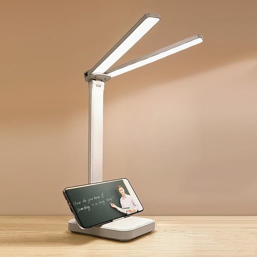 kvppvt LED Double Head Desk Lamp, Rechargeable Portable Table Lamp, Adjustable Light Color and Brightness, USB Powered, LED Light for Work, Reading, Emergency (White)