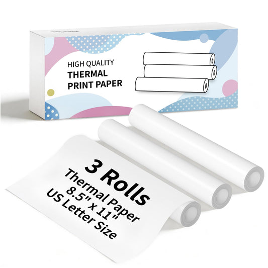 3 Rolls Thermal Printer Paper 8.5"x11" US Letter Size for Portable Printer, BPA free Quick-Dry Thermal Printer Paper, Compatible with N80/D80 Portable Printers