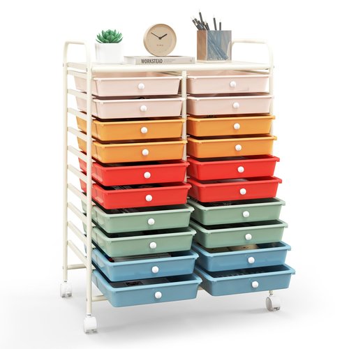 Happygrill 20-Drawer Organizer Cart Tools, Mobile Utility Storage Cart with Removable Drawers & Lockable Wheels, Rolling Storage Cart with wheels for Home Office School (Macaron)