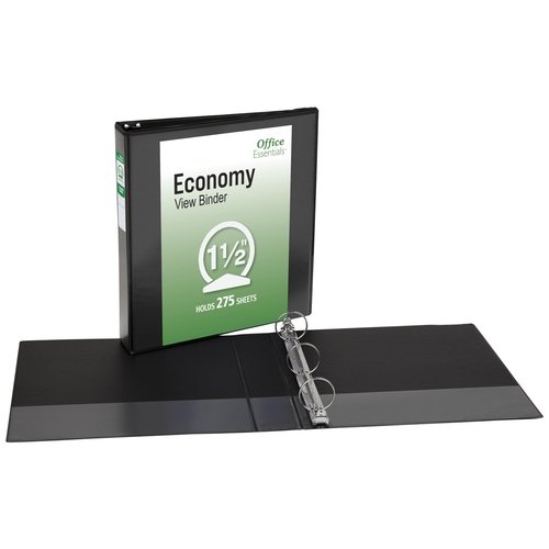 Office Essentials Economy View 3 Ring Binders, 1.5" Round Rings, 2.1" Spine, 275-Sheet Capacity, Black Binders (12-Pack of 03427)