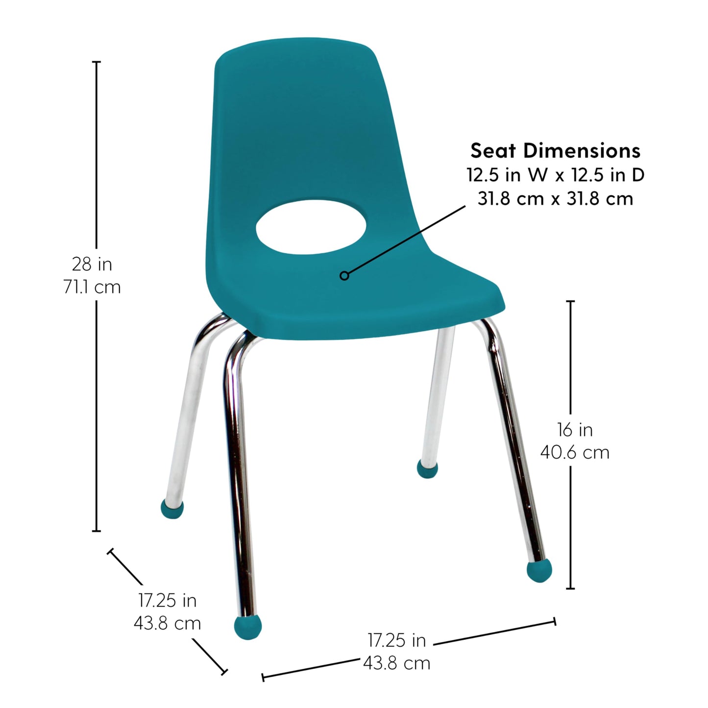 FDP 16" School Stack Chair,Stacking Student Seat with Chromed Steel Legs and Ball Glides for in-Home Learning or Classroom - Teal (6-Pack), 10367-TL