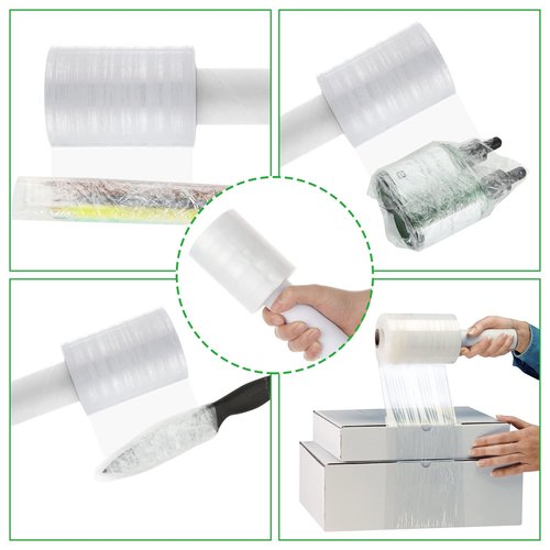 6 Pack Stretch Wrap Film with Handle, 80 Gauge Thick Industrial Strength Hand Stretch Wrap, 4" x 1000 Ft Plastic Pallet Shrink Film Heavy Duty Self-Adhering Plastic Wrap for Packing, Moving