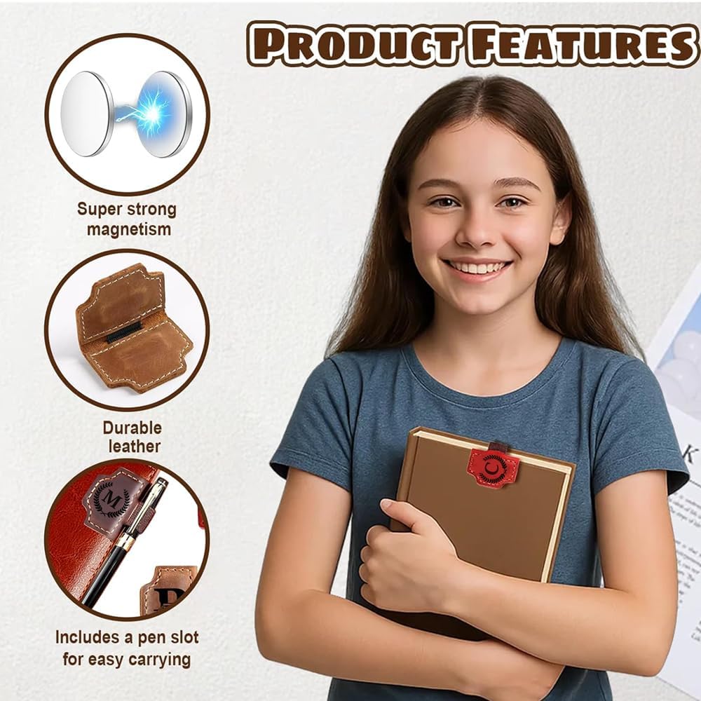 Skiennix Custom Leather Bookmark with Pen Holder - Personalized Magnetic Book Marker for Men & Women | Red, M