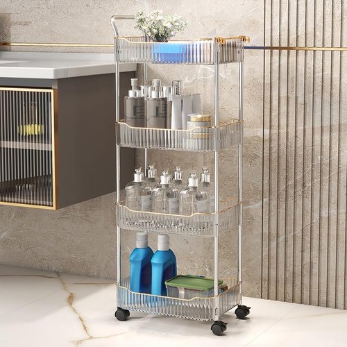 4-Tier Acrylic Rolling Storage Cart, Rolling Utility Cart, Kitchen Storage Cart with Wheels for Bathroom,Living Room, Kithcen, Office Storage and Organization (14''X10''X37'')(Clear)