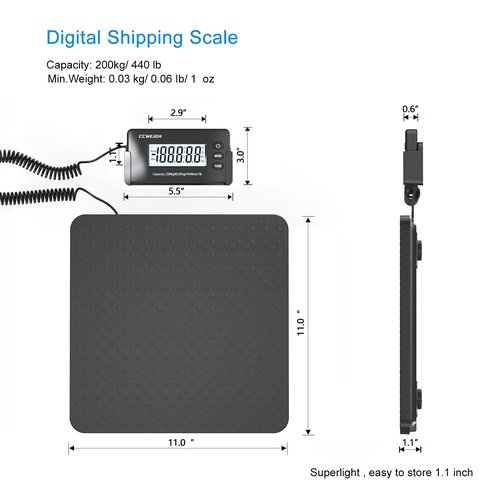 Shipping Scales 440lbs x 1oz Highly Accurate Postal Scales Ultrathin ABS Large Platform,Superlight Postal Scales for Shipping Packages,Small Business,Post Offices,Luggage Scale Battery and Adapter