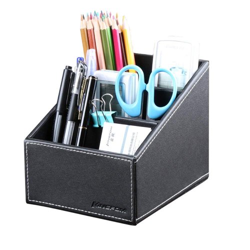 KINGFOM Remote Control Holder with 3 Compartments Pu Leather Remote Caddy Desktop Organizer Store Brush, Pencil, TV Guide, DVD, CD, Blu-Ray, Media Player, Heater Controllers(Black)
