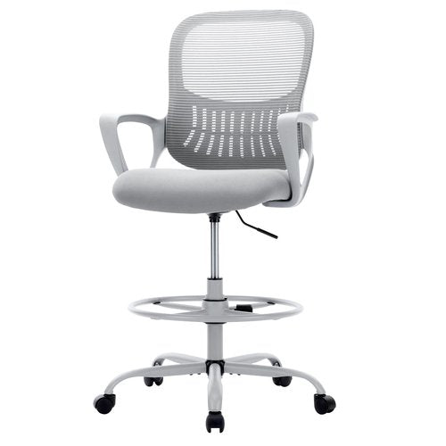 Sweetcrispy Home Office Drafting Chair - Ergonomic High Stool Computer with Adjustable Height and Comfy Lumbar Support, Tall Rolling Task for Standing Desk with Fixed Arm and Footrest, Grey