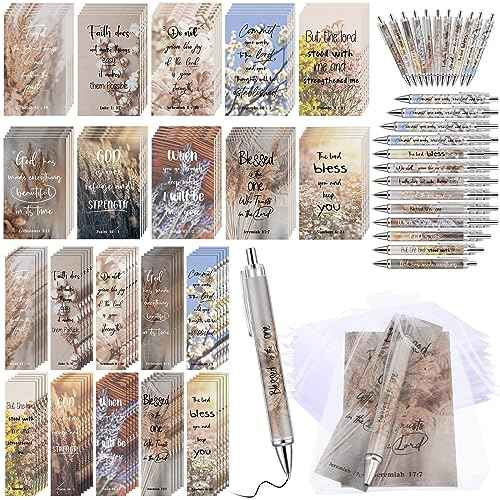 Yeaqee 200 Pcs Christian Gifts Set Church Favors Include 50 Bible Verses Bookmarks Book Markers 50 Ballpoint Pens 50 Bible Notebooks 50 Organza Bags Christian Gifts Bulk for Women