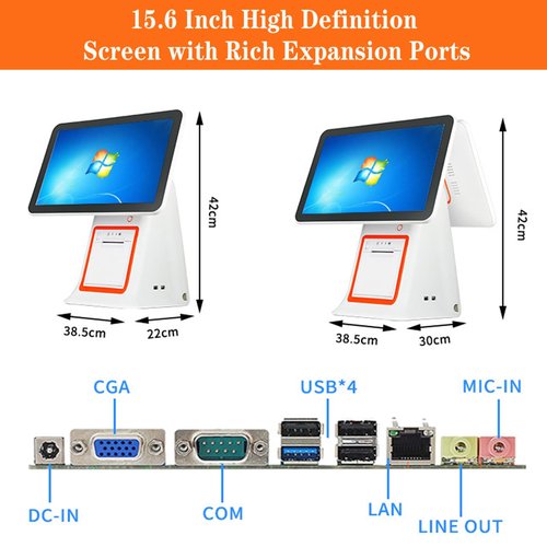 POS Cash Register, All-in-One Cashier Register with Dual Touch Screen 15.6", POS System for Small Business with CPU I5, 8GB RAM, 128G SSD, Windows 10, WiFi Module, for Retail and Restaurant,Black