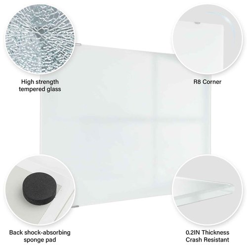 CMCTOTNG Wall-Mounted Magnetic Tempered Glass White Board Frameless Dry Erase Board Wall Mounted Ideal for Office Classroom School Kitchen and Home，Durable Whiteboard Frameless (24''X18'')