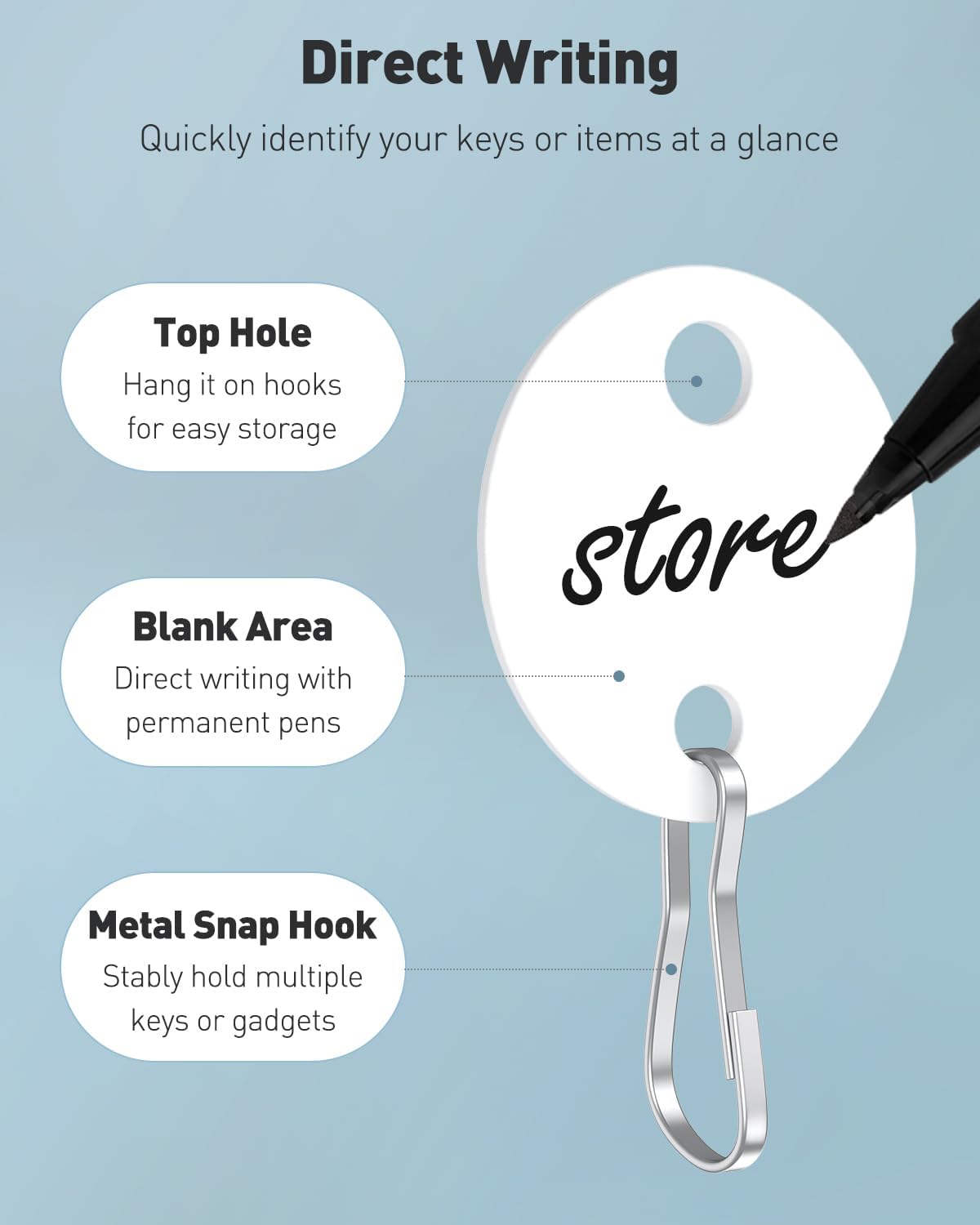 Uniclife Key Tags - 50 Pcs 1-Inch Plastic Double-Sided Writable White Tags with Metal Snap Hooks | Durable Home & Office Identifiers
