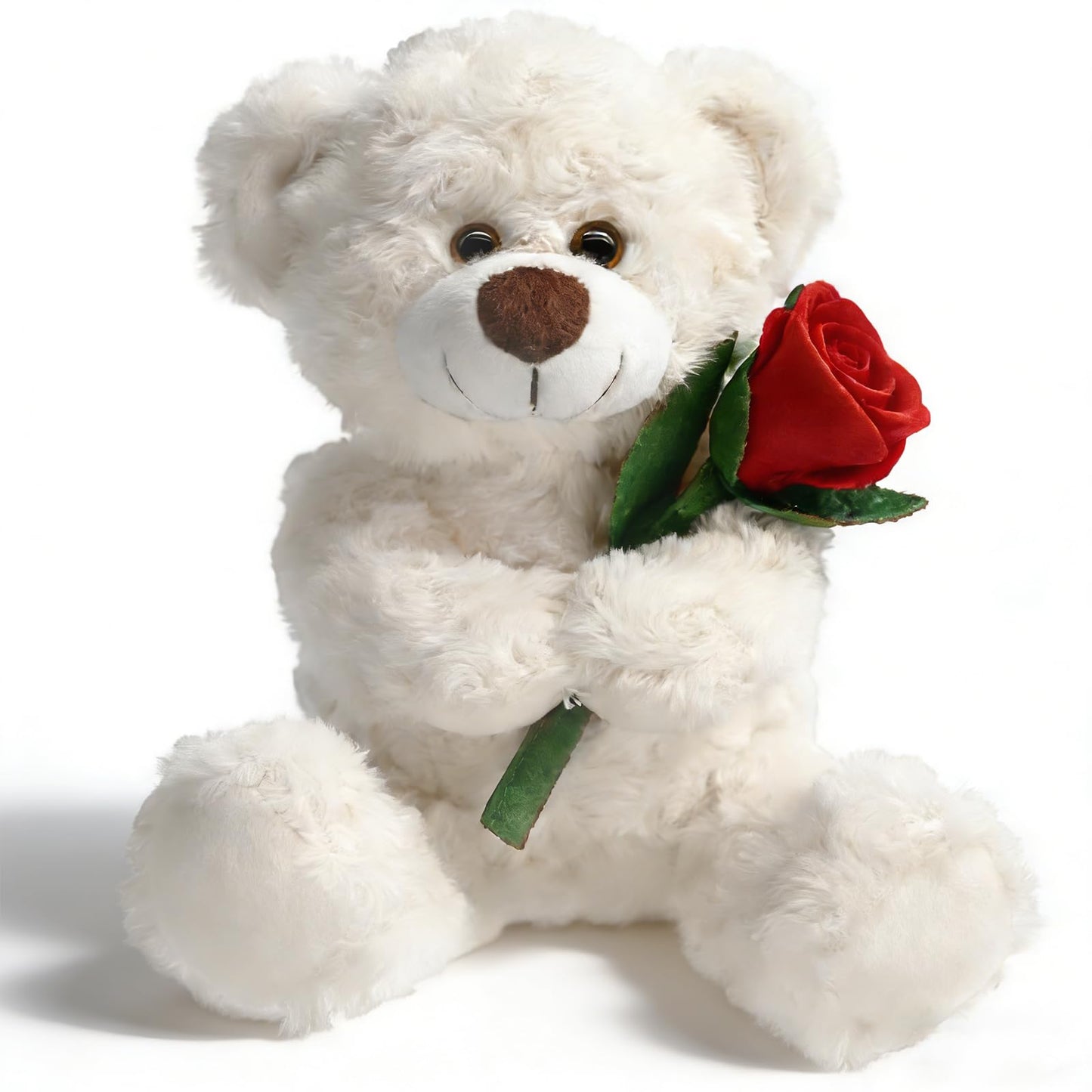 Bakalizoo 12'' Stuffed Teddy Bear Dolls with Rose, Soft Plush Animal Toys for Her/Girlfriend Lover Mom Kids Gifts (White/Rose)