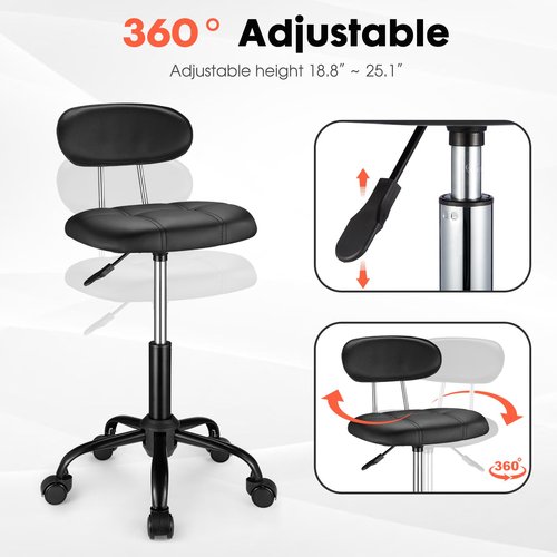 FNZIR Square Rolling Stool with Backrest Height Adjustable Chair Swivel Drafting Chair Stool Chair with Wheels Black