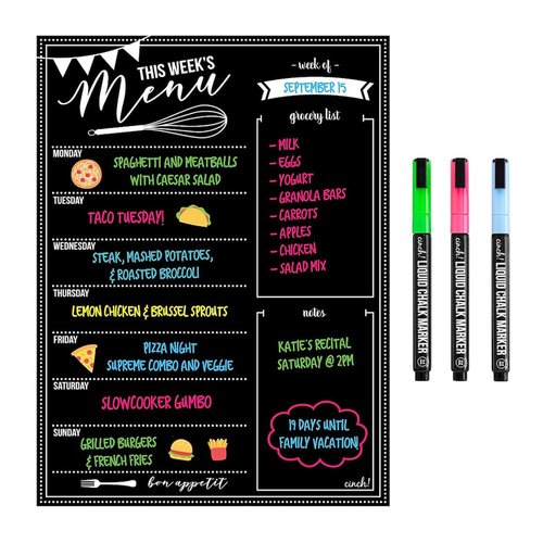 Cinch! 16x12-Inch Chalkboard Weekly Menu - Magnetic Meal Planner Board for Refrigerator - Reusable Black Menu Board with 3 Neon Liquid Chalk Markers - Weekly Food Planner for Kitchen Organization