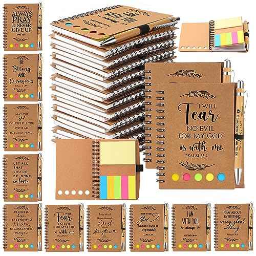 Kosiz 40 Pcs/20 Set Christian Gifts Bulk Notebook Bible Verse Pen Religious Spiral Notebook with Sticky Notes Christmas Appreciation Gifts for Church Pastor Clergy Sunday Shool Teacher (Kraft)