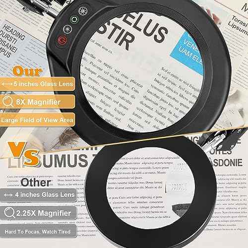 VEEMAGNI 5 Inch Large Magnifying Glass with Light and Stand, 5 Color Modes Stepless Dimmable, 2*16 Inch Swivel Arm LED Clamp Desk Lamp, Hands Free 8X Lighted Magnifier for Close Work Crafts Soldering