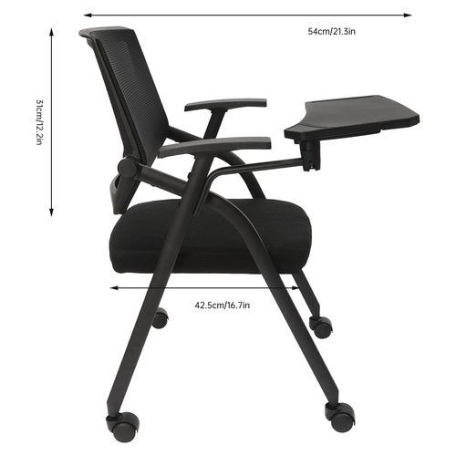 Black Reception Conference Room Chair with Tablet Arm and Casters, 220lbs Capacity Ergonomic Mesh Office Guest Chair, Foldable Stackable Waiting Room Chairs for Conference, School, Training, Clinic