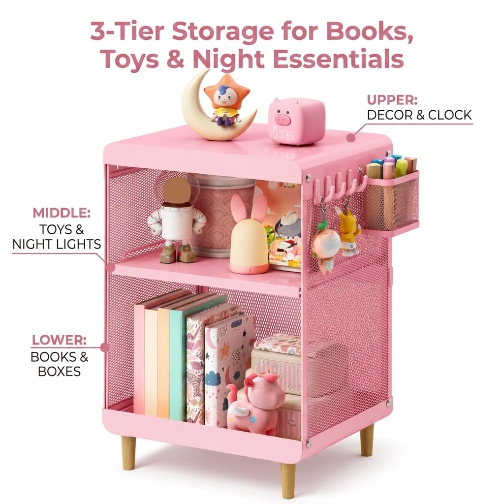 SYKIARIOL Kids Nightstand for Girls, Metal Bedside Table with 4 Hooks & Hanging Basket, 3-Tier Storage Shelf, Toddler Night Stand for Bedroom, Pink