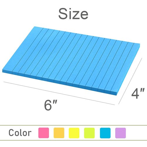 Lined Sticky Notes 4X6 in Bright Ruled Stickies Colorful Super Sticking Power Memo Pads, 45 Sheets/pad, 6 Pads/Pack