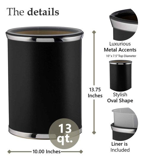 Kraftware Sophisticates Oval Wastebasket with Plastic Liner, Adding Classic Style to The Bathroom and All Other Rooms in The Home or Office, 13 Quart Capacity, Black with Brushed Chrome Trim
