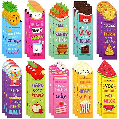 Eersida 30 Pieces Scratch and Sniff Scented Bookmarks Kids Fruit Food Theme Sayings Bookmarks Sayings Assorted Cute Scented Gifts for Students Teens Food Lovers, 10 Styles
