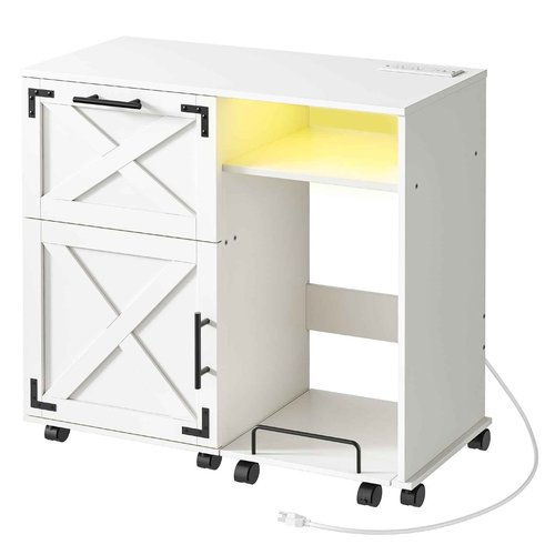 HOOBRO File Cabinet with Charging Station/LED Lights, Wooden Lateral Filing Cabinet on Wheels, Printer Stand with Open Storage for Home Office, A4, Letter, Legal Size Files, White WT85UDWJ01