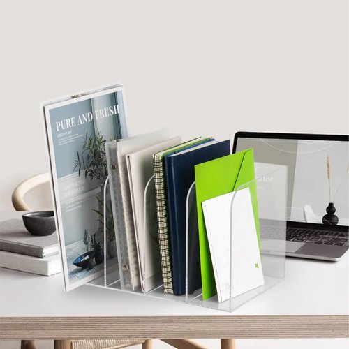 Jumyee Acrylic File Organizer, Clear Desk Organizer Workspace Sorters, Magazine Binder Holder with 4 Vertical Compartments Bookshelf for Desk Home Office