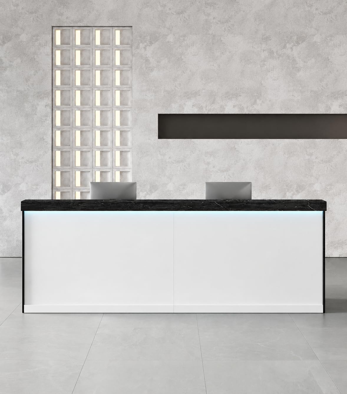 Anzhap 71" Reception Desk with LED Lights & Keyboard Tray, Front Desk Reception Counter with Lockable Drawer, Enclosed Cabinet & Cable Grommet for Office, Salon, Clinic, Lobby (Black Grain & White)