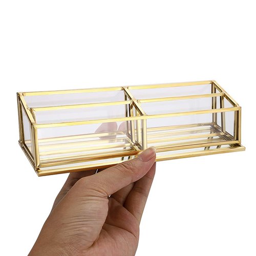 Hipiwe 4 Slots Glass Business Card Holder Stand - Vintage Gold Metal Name Card Display Stand Office Desktop Countertop Business Card Organizer